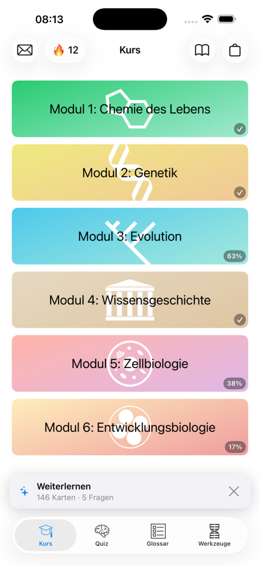 Codon-One-Kursmenü mit sechs Modulen